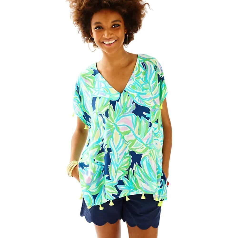 Lilly Pulitzer Sydney Caftan Top Tassel Resort Navy Uptown Trunk Size S/M